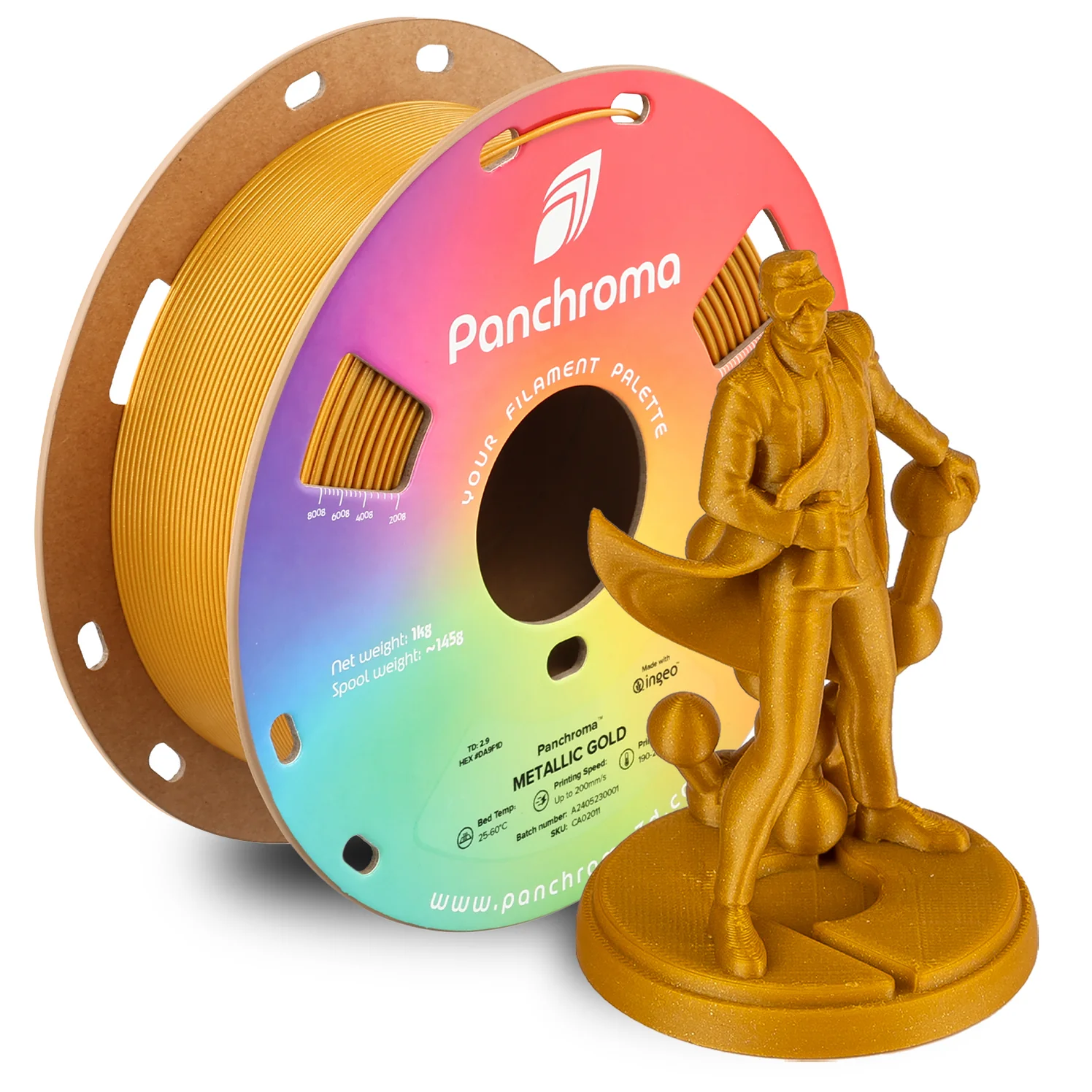 גליל פילמנט Panchroma זהב מטלי Metallic Gold, פולימייקר Polymaker, גליל 1000 גרם
