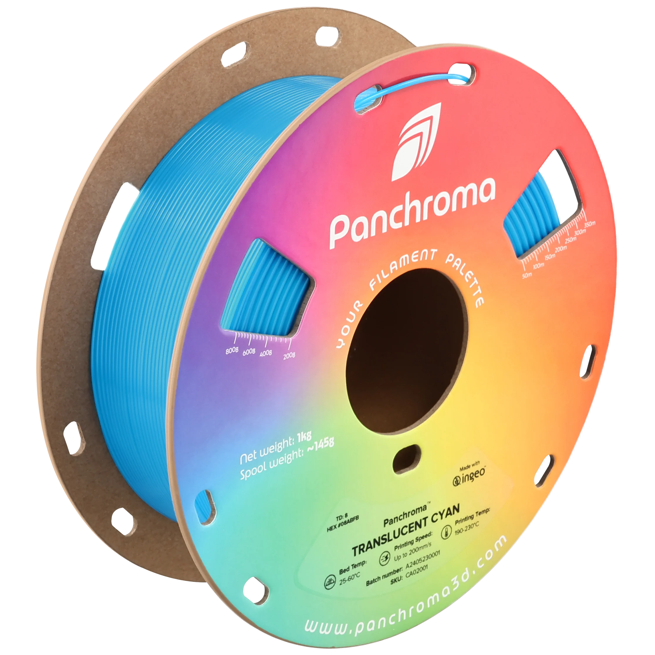 גליל פילמנט Panchroma תכלת שקוף Translucent Cyan, פולימייקר Polymaker, גליל 1000 גרם
